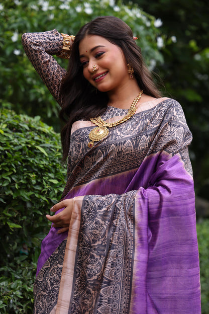 Purple Pure Tussar Madhubani Tussar Silk Saree Tussar Saree Anant Tex Exports Pvt.Ltd..