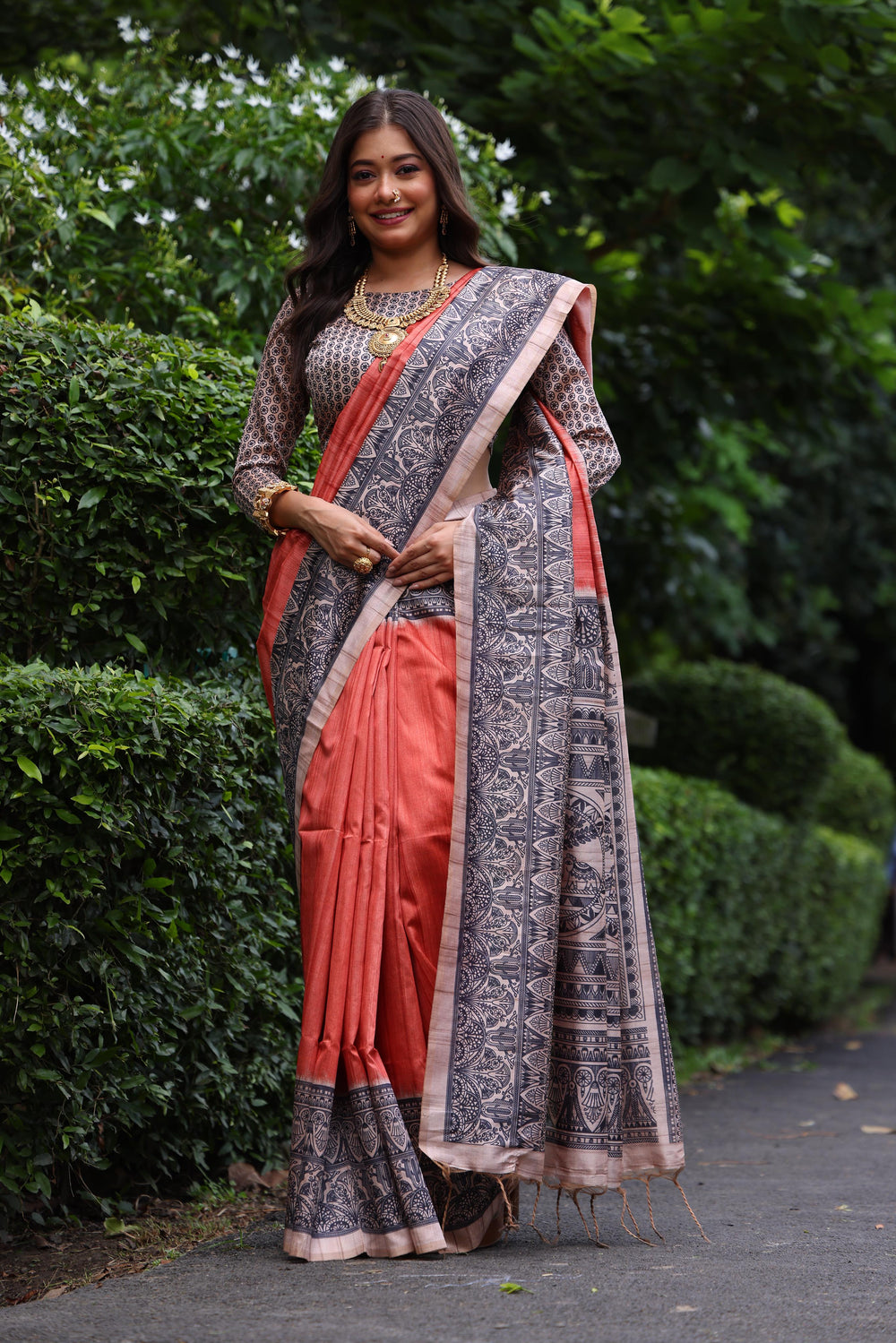Orange Pure Tussar Madhubani Tussar Silk Saree