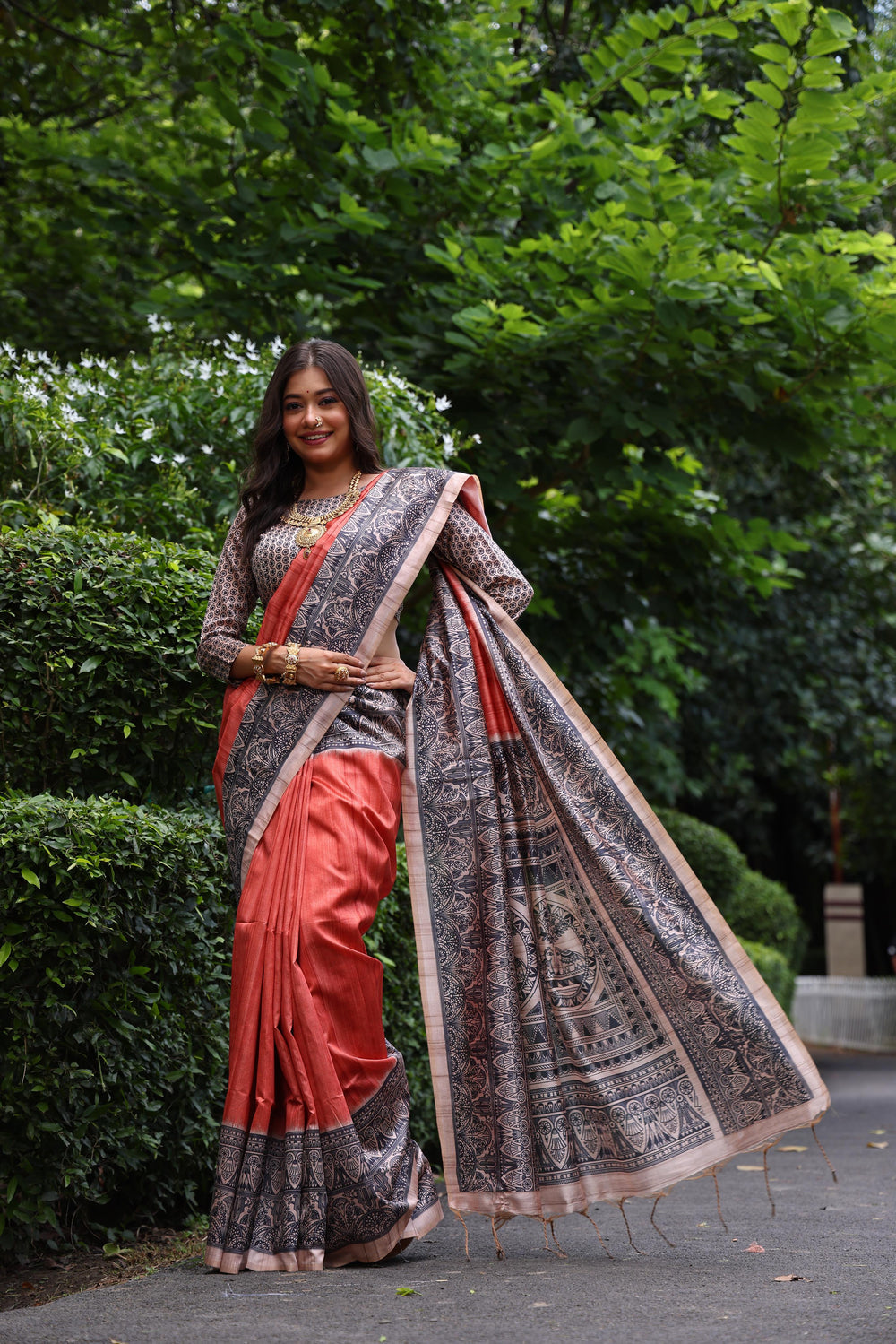Orange Pure Tussar Madhubani Tussar Silk Saree