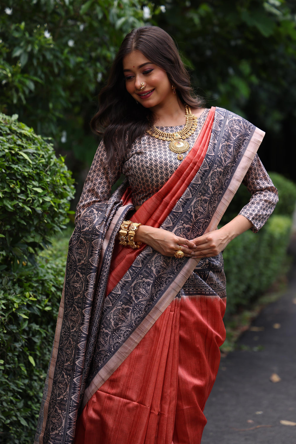 Orange Pure Tussar Madhubani Tussar Silk Saree Tussar Saree Anant Tex Exports Pvt.Ltd..