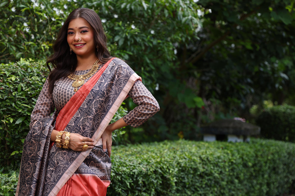 Orange Pure Tussar Madhubani Tussar Silk Saree