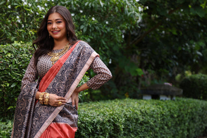 Orange Pure Tussar Madhubani Tussar Silk Saree Tussar Saree Anant Tex Exports Pvt.Ltd..