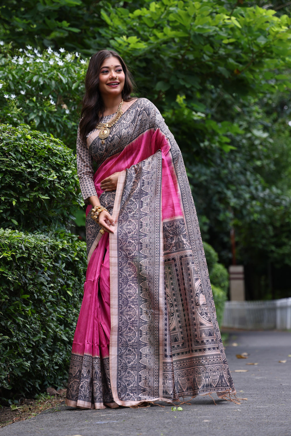 Pink Pure Tussar Madhubani Tussar Silk Saree