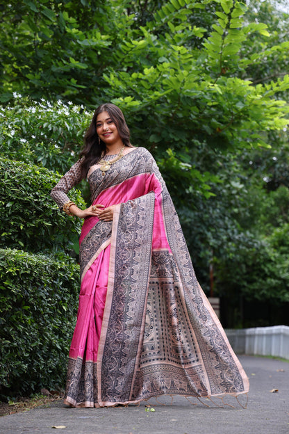 Pink Pure Tussar Madhubani Tussar Silk Saree Tussar Saree Anant Tex Exports Pvt.Ltd..