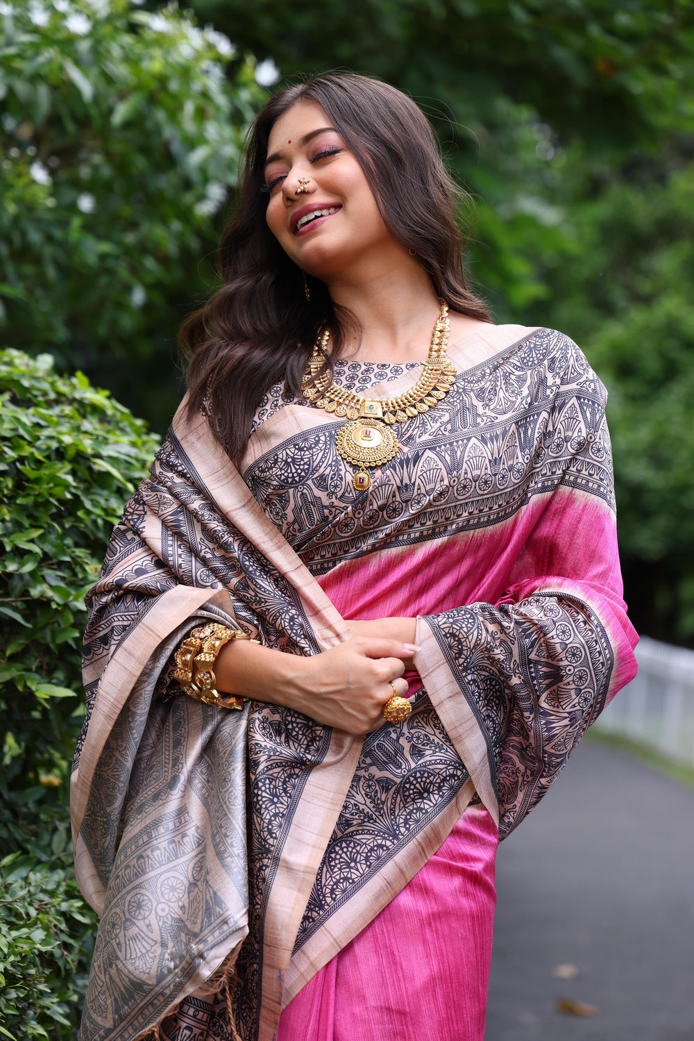 Pink Pure Tussar Madhubani Tussar Silk Saree Tussar Saree Anant Tex Exports Pvt.Ltd..