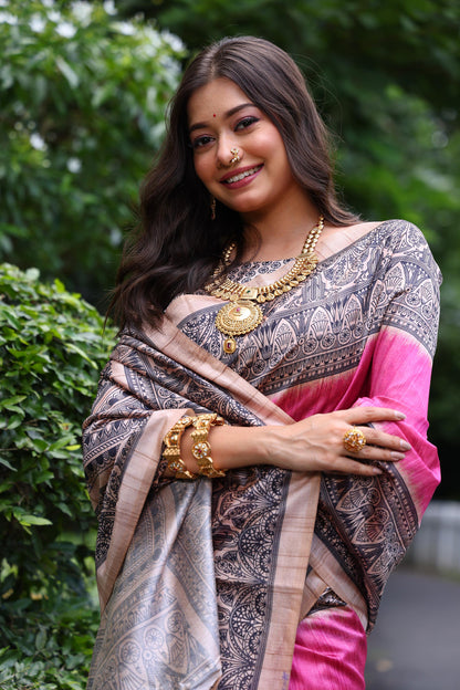 Pink Pure Tussar Madhubani Tussar Silk Saree Tussar Saree Anant Tex Exports Pvt.Ltd..