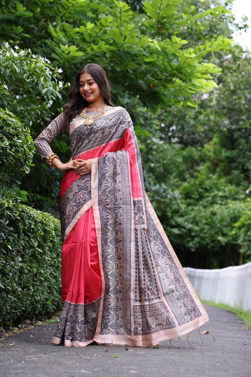 Red Pure Tussar Madhubani Tussar Silk Saree Tussar Saree Anant Tex Exports Pvt.Ltd..