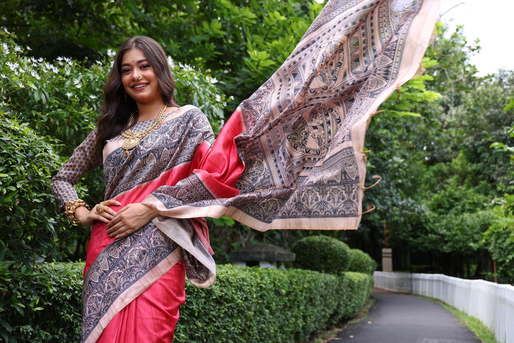 Red Pure Tussar Madhubani Tussar Silk Saree Tussar Saree Anant Tex Exports Pvt.Ltd..