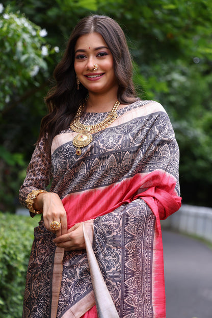 Red Pure Tussar Madhubani Tussar Silk Saree Tussar Saree Anant Tex Exports Pvt.Ltd..
