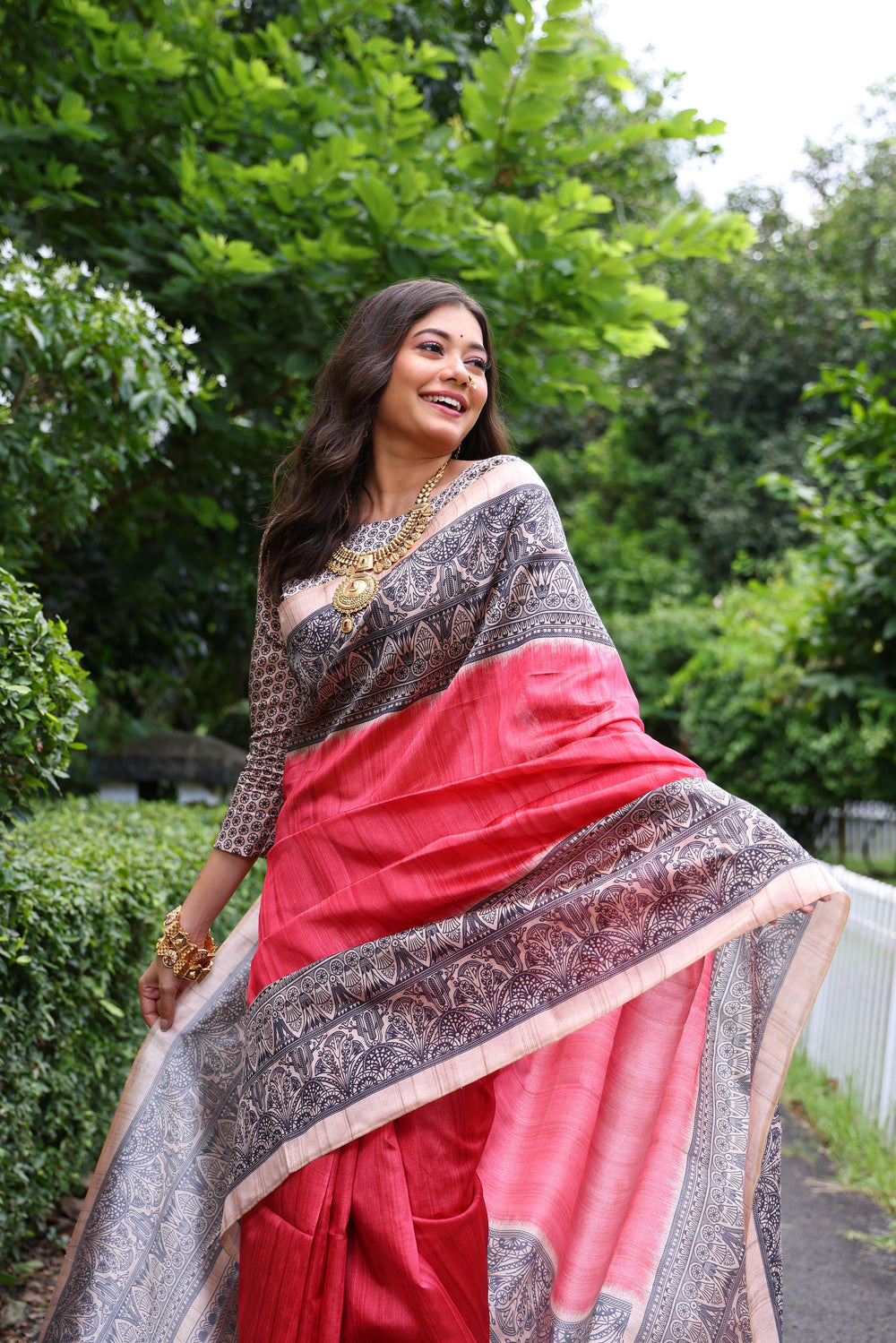 Red Pure Tussar Madhubani Tussar Silk Saree
