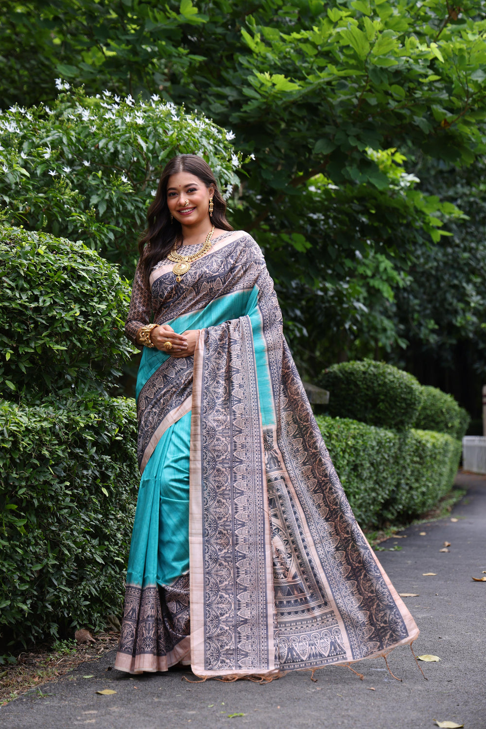 Sky Blue Pure Tussar Madhubani Tussar Silk Saree