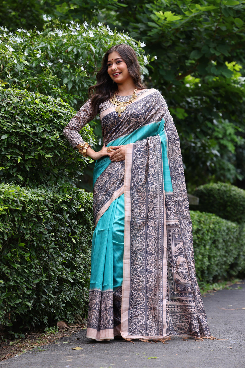 Sky Blue Pure Tussar Madhubani Tussar Silk Saree