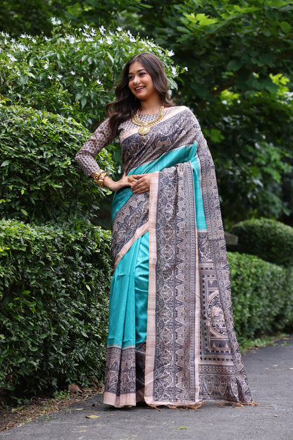 Sky Blue Pure Tussar Madhubani Tussar Silk Saree Tussar Saree Anant Tex Exports Pvt.Ltd..