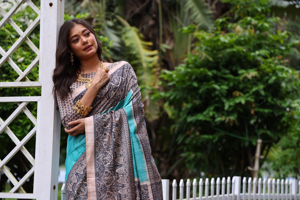 Sky Blue Pure Tussar Madhubani Tussar Silk Saree Tussar Saree Anant Tex Exports Pvt.Ltd..