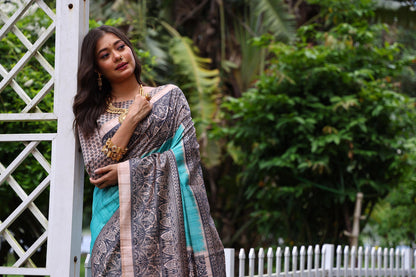 Sky Blue Pure Tussar Madhubani Tussar Silk Saree Tussar Saree Anant Tex Exports Pvt.Ltd..