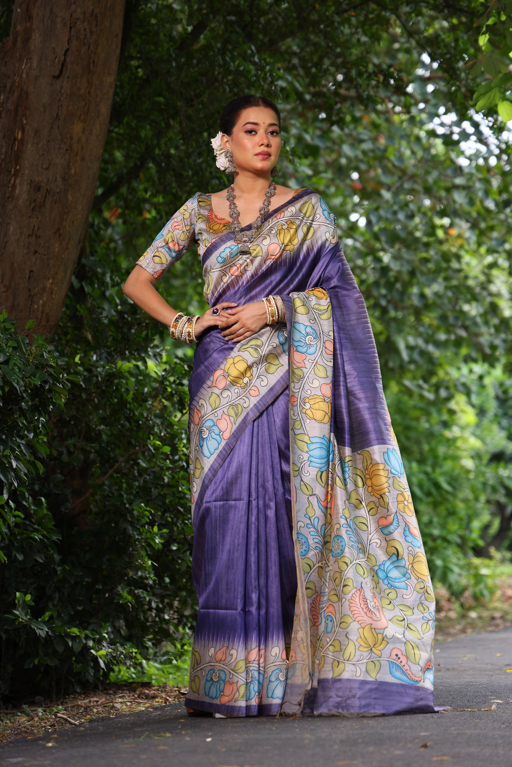 Purple Pure Soft Tussar Silk with Kalamkari Print Tussar Saree