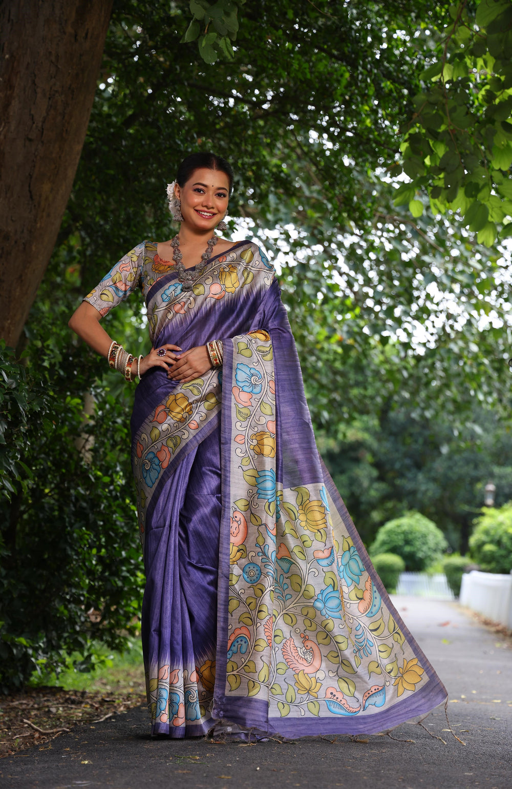 Purple Pure Soft Tussar Silk with Kalamkari Print Tussar Saree