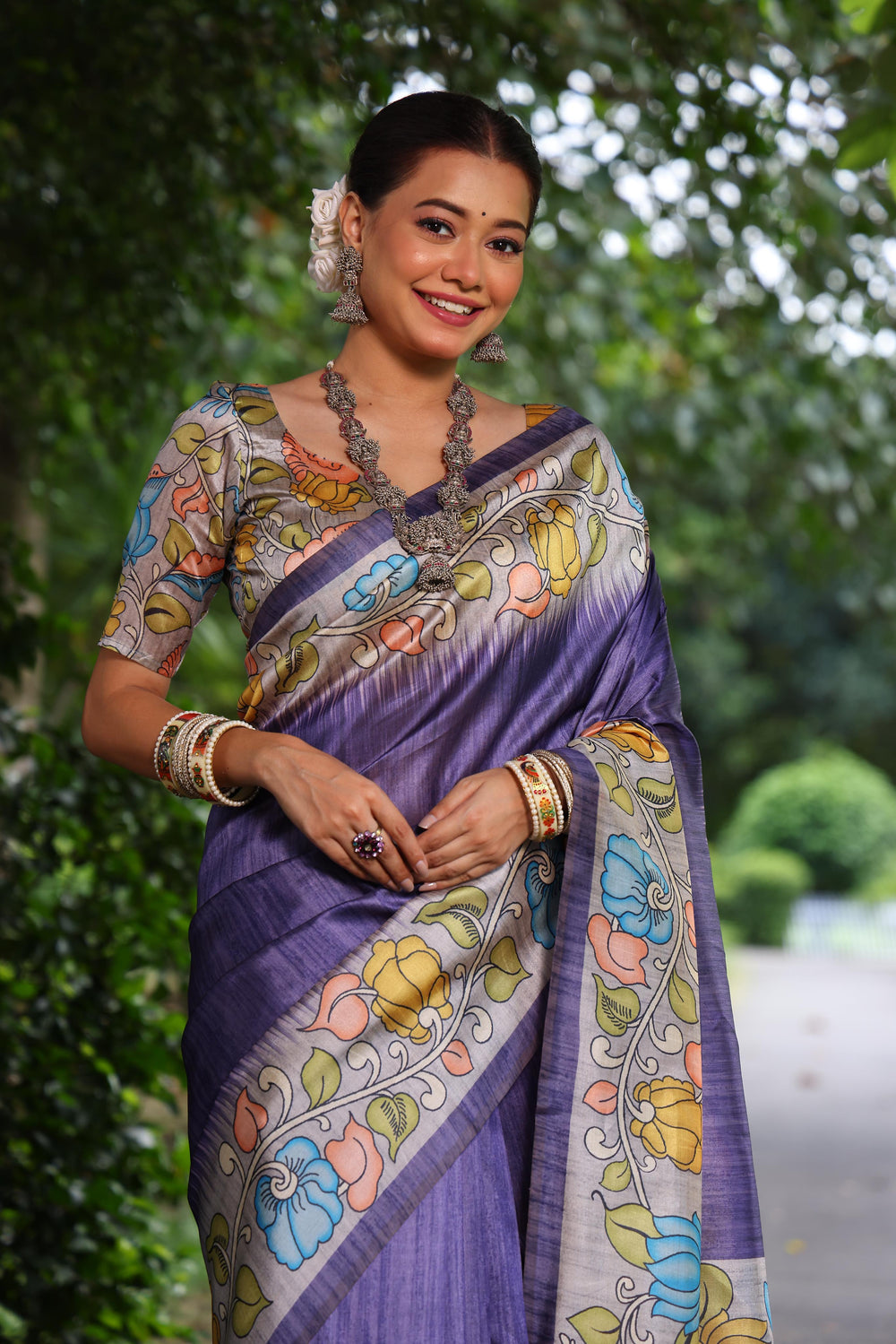 Purple Pure Soft Tussar Silk with Kalamkari Print Tussar Saree