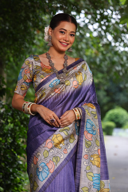 Purple Pure Soft Tussar Silk with Kalamkari Print Tussar Saree Tussar Saree Anant Tex Exports Pvt.Ltd..