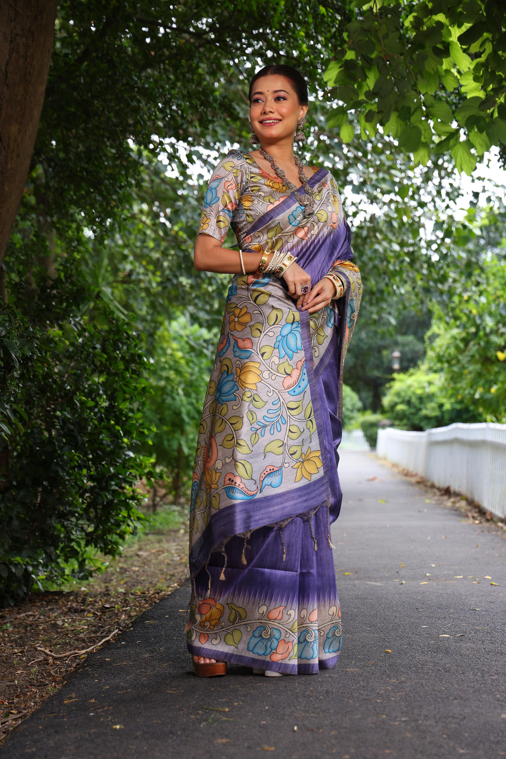 Purple Pure Soft Tussar Silk with Kalamkari Print Tussar Saree