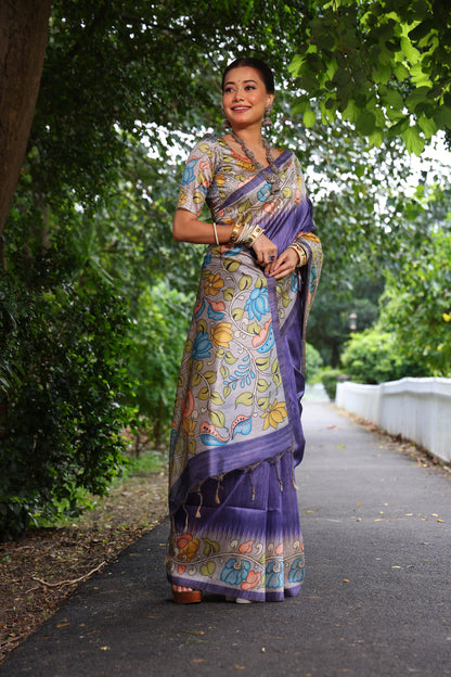 Purple Pure Soft Tussar Silk with Kalamkari Print Tussar Saree Tussar Saree Anant Tex Exports Pvt.Ltd..