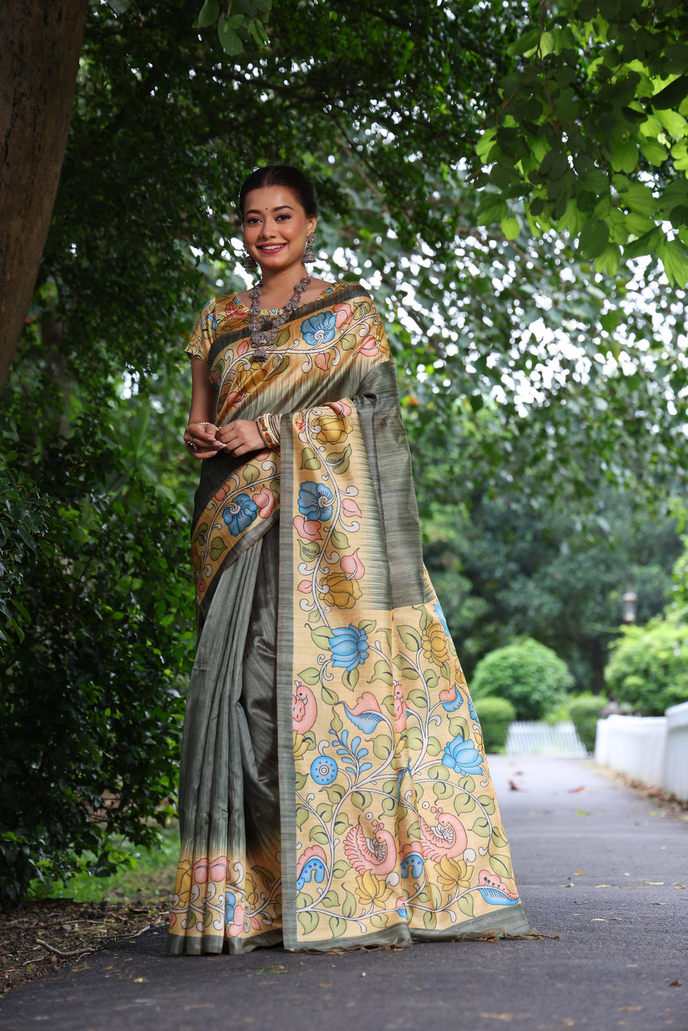 Mahendi Pure Soft Tussar Silk with Kalamkari Print Tussar Saree Tussar Saree Anant Tex Exports Pvt.Ltd..
