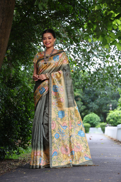 Mahendi Pure Soft Tussar Silk with Kalamkari Print Tussar Saree Tussar Saree Anant Tex Exports Pvt.Ltd..