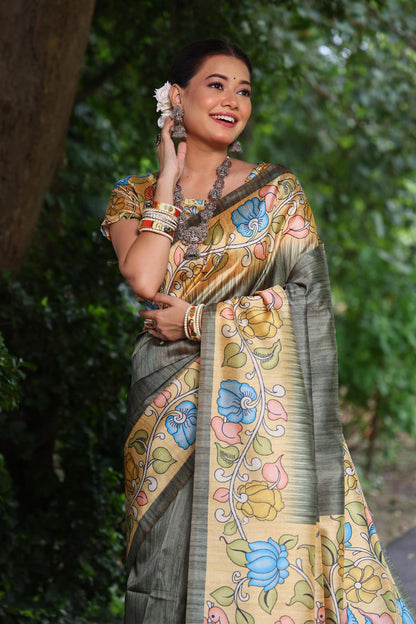 Mahendi Pure Soft Tussar Silk with Kalamkari Print Tussar Saree Tussar Saree Anant Tex Exports Pvt.Ltd..