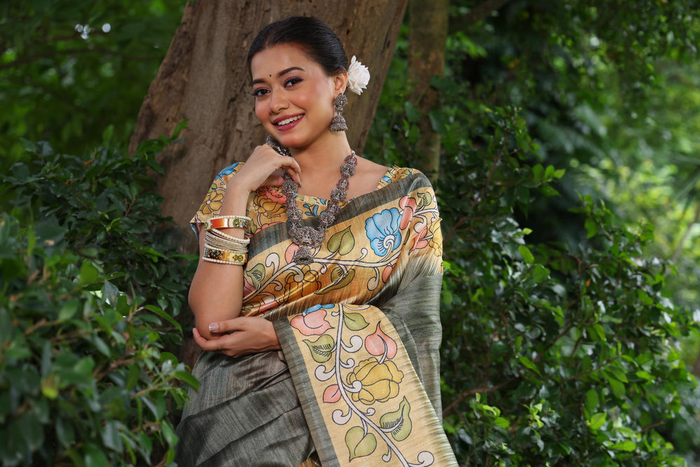 Mahendi Pure Soft Tussar Silk with Kalamkari Print Tussar Saree