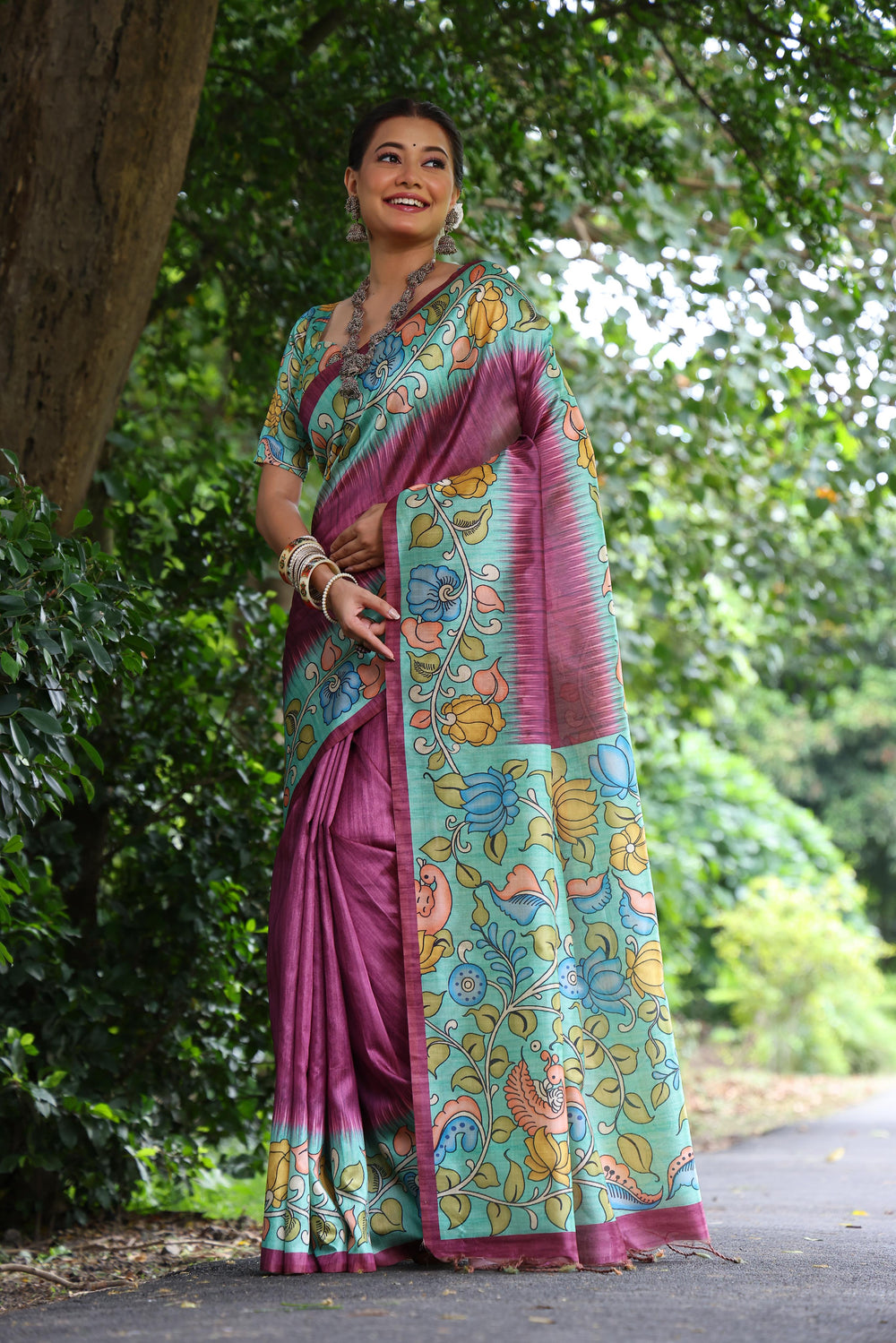 Wine Pure Soft Tussar Silk with Kalamkari Print Tussar Saree