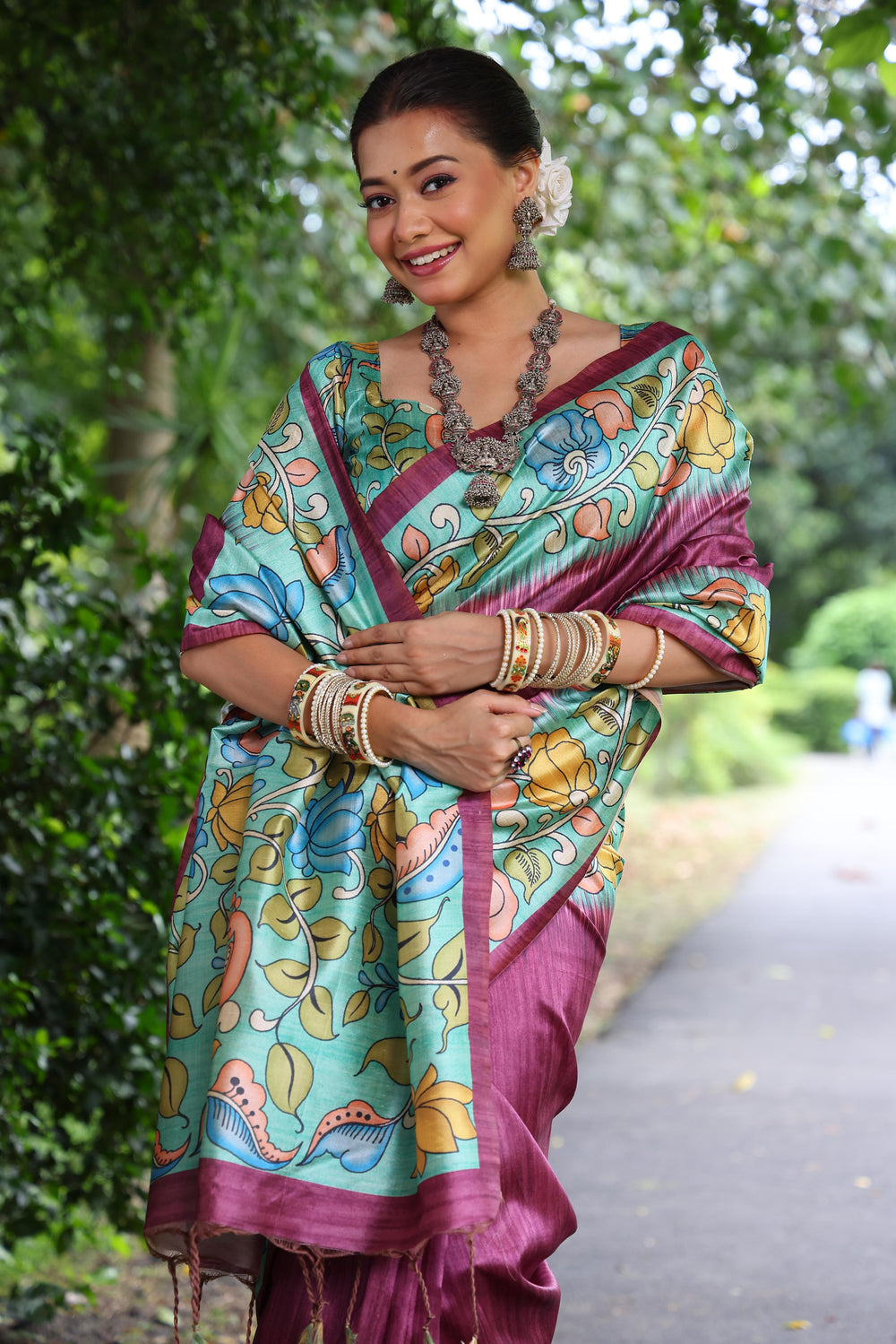Wine Pure Soft Tussar Silk with Kalamkari Print Tussar Saree Tussar Saree Anant Tex Exports Pvt.Ltd..