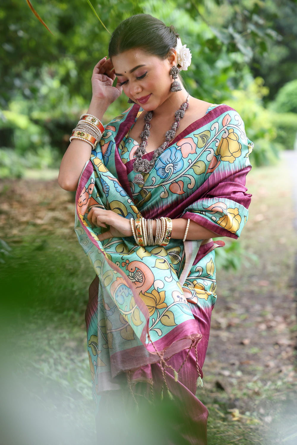 Wine Pure Soft Tussar Silk with Kalamkari Print Tussar Saree Tussar Saree Anant Tex Exports Pvt.Ltd..
