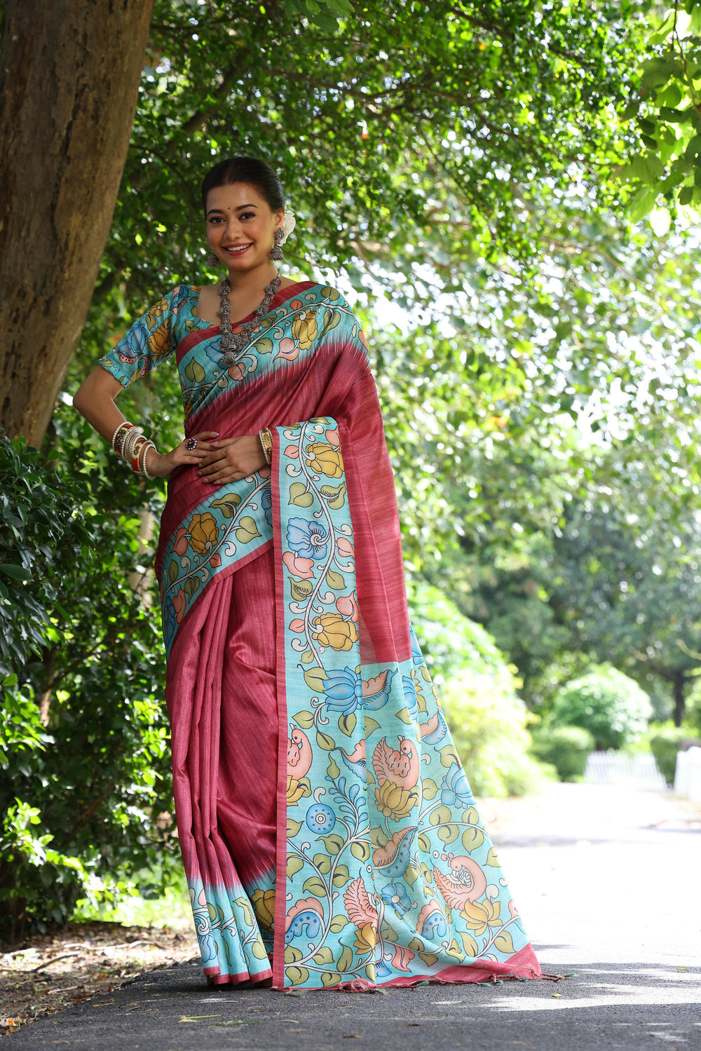 Red Pure Soft Tussar Silk with Kalamkari Print Tussar Saree