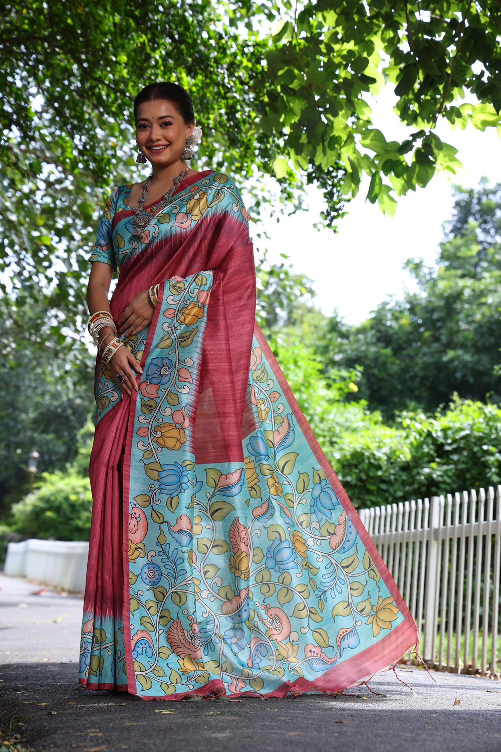 Red Pure Soft Tussar Silk with Kalamkari Print Tussar Saree