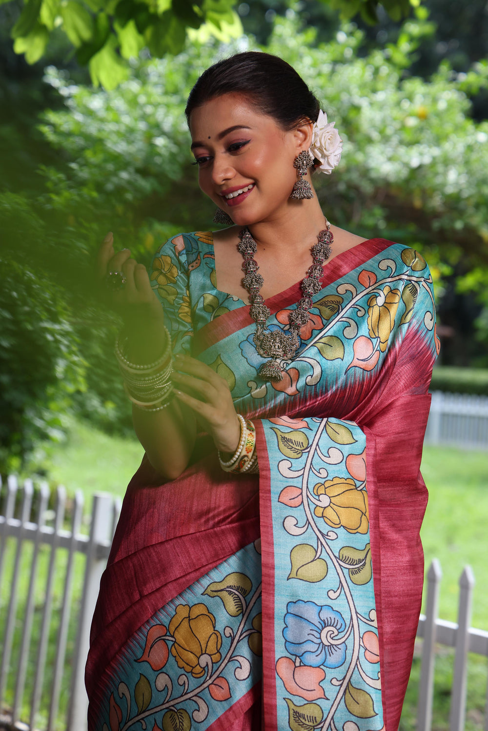 Red Pure Soft Tussar Silk with Kalamkari Print Tussar Saree Tussar Saree Anant Tex Exports Pvt.Ltd..