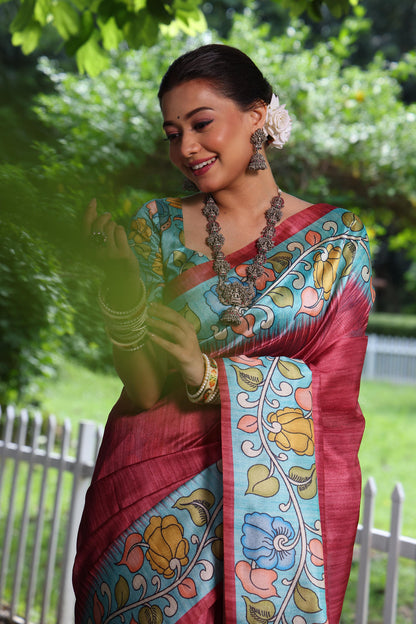 Red Pure Soft Tussar Silk with Kalamkari Print Tussar Saree Tussar Saree Anant Tex Exports Pvt.Ltd..