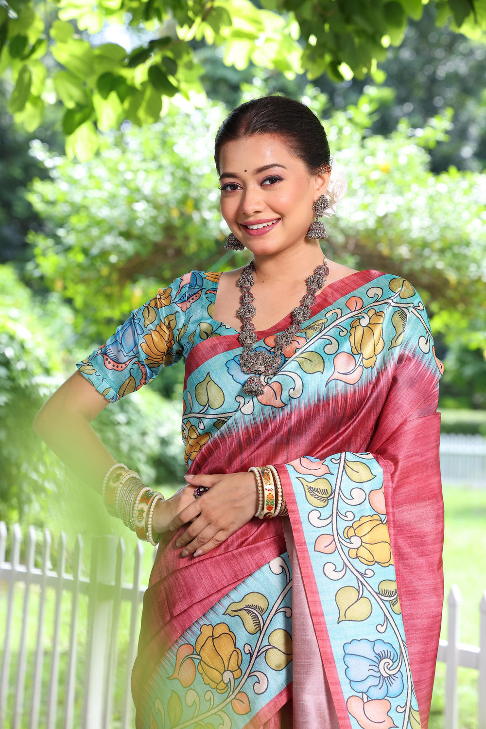 Red Pure Soft Tussar Silk with Kalamkari Print Tussar Saree