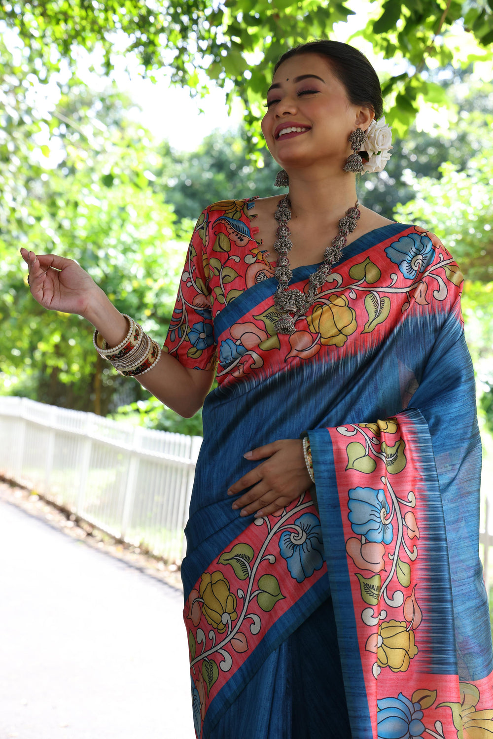 Blue Pure Soft Tussar Silk with Kalamkari Print Tussar Saree