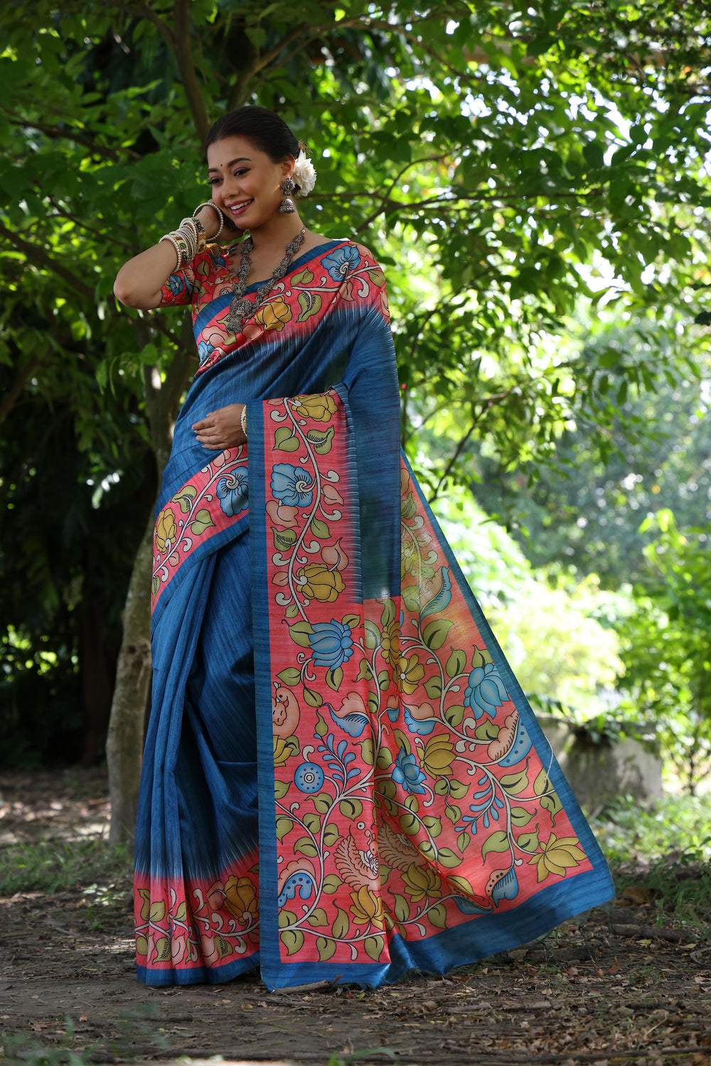 Blue Pure Soft Tussar Silk with Kalamkari Print Tussar Saree