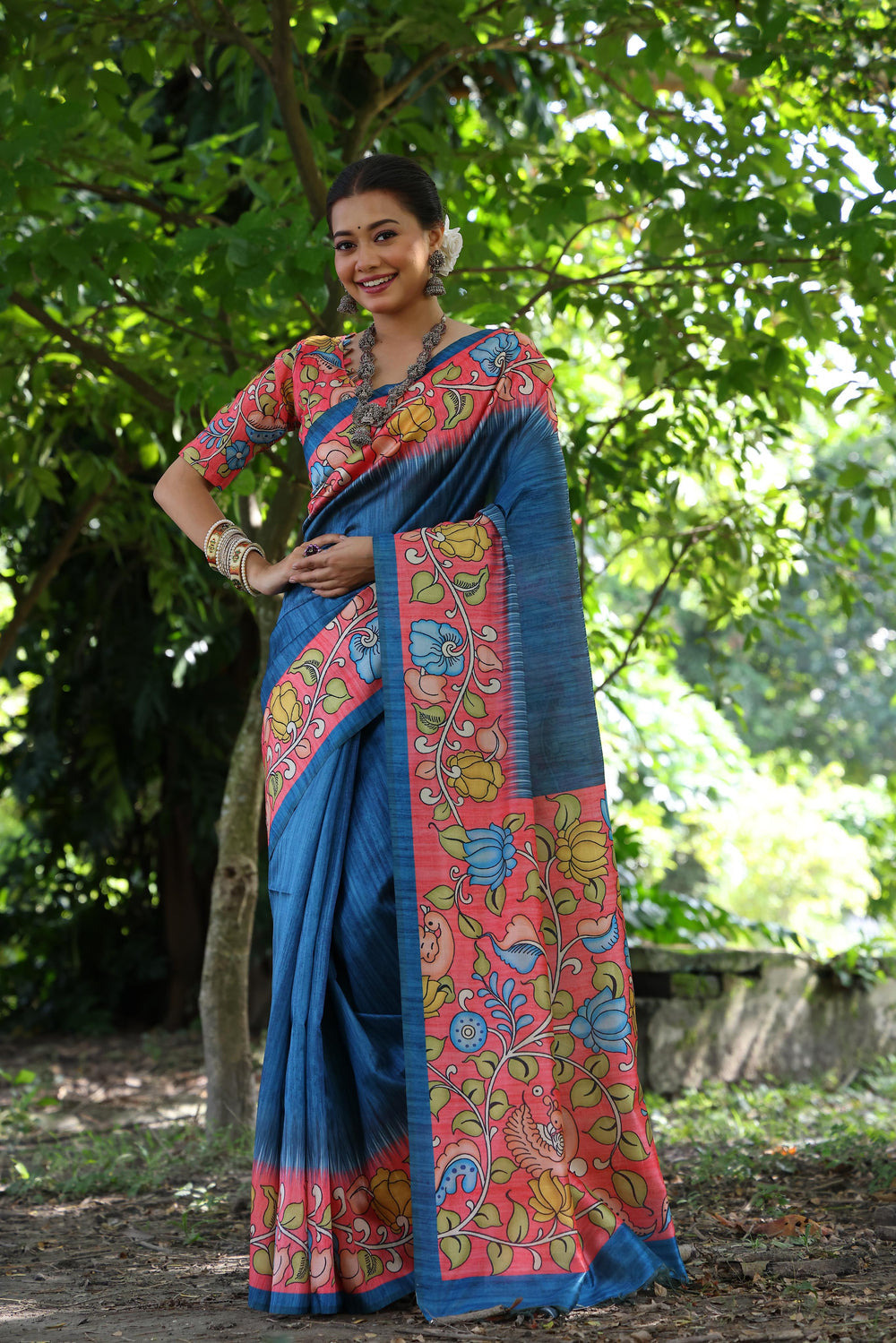 Blue Pure Soft Tussar Silk with Kalamkari Print Tussar Saree
