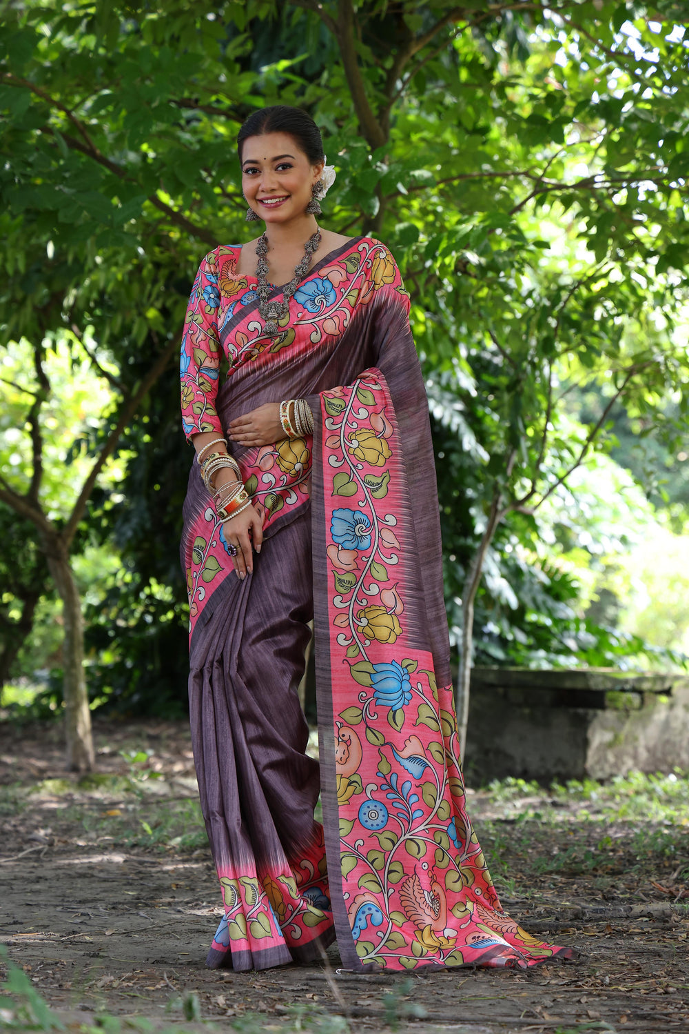 Caffe Pure Soft Tussar Silk with Kalamkari Print Tussar Saree Tussar Saree Anant Tex Exports Pvt.Ltd..