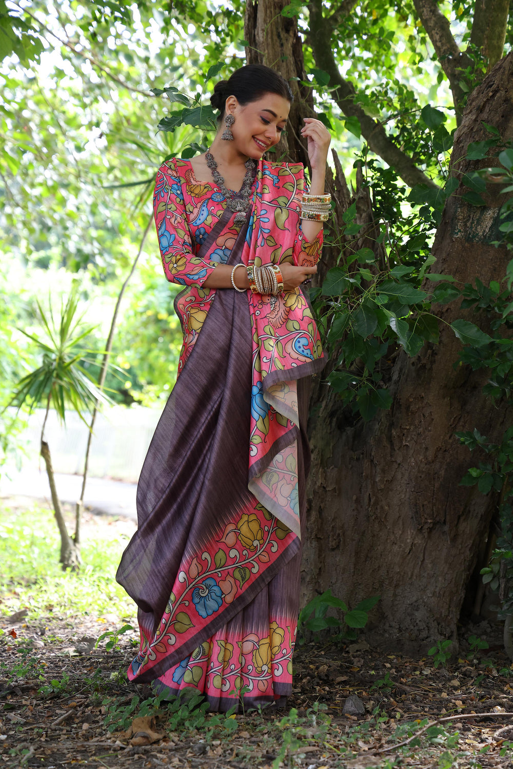 Caffe Pure Soft Tussar Silk with Kalamkari Print Tussar Saree