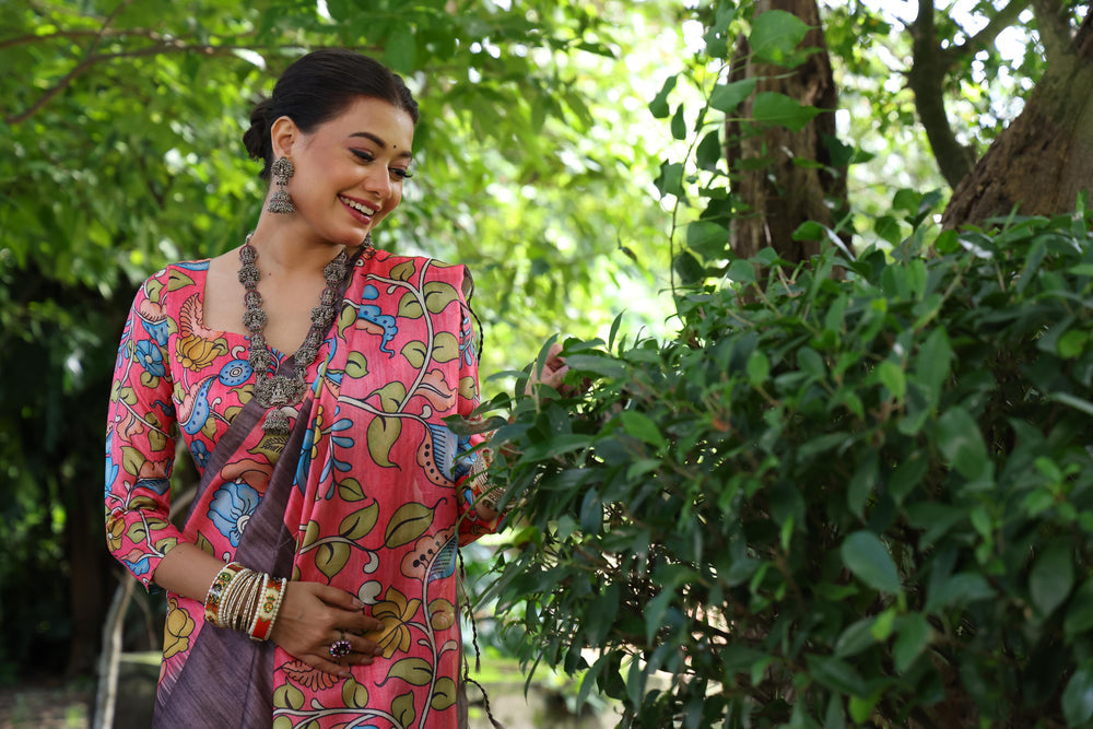 Caffe Pure Soft Tussar Silk with Kalamkari Print Tussar Saree