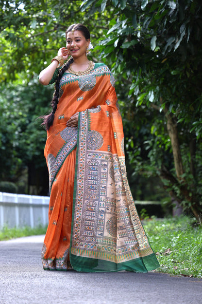 Orange Pure Tussar Silk Kalamkari Print Tussar Saree Tussar Saree Anant Tex Exports Pvt.Ltd..