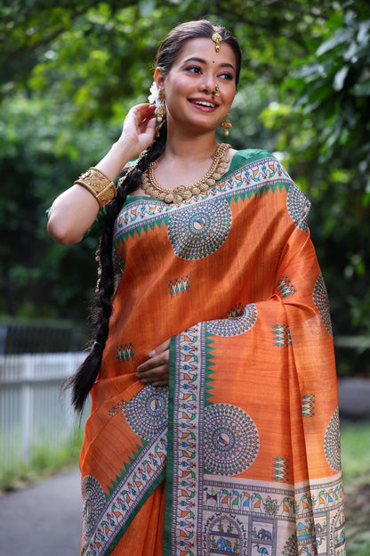 Orange Pure Tussar Silk Kalamkari Print Tussar Saree Tussar Saree Anant Tex Exports Pvt.Ltd..