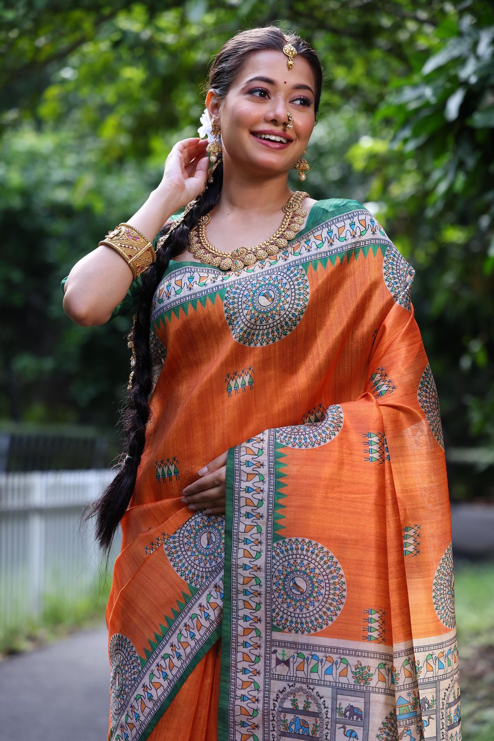 Orange Pure Soft Tussar Silk with Kalamkari Print Tussar Saree