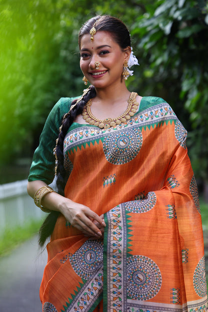 Orange Pure Tussar Silk Kalamkari Print Tussar Saree Tussar Saree Anant Tex Exports Pvt.Ltd..