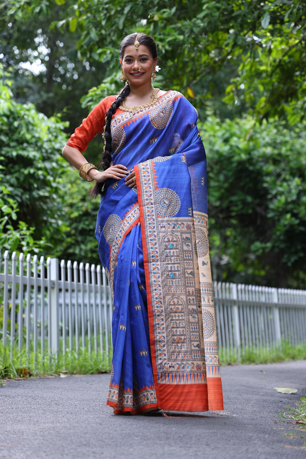 Blue Pure Tussar Silk Kalamkari Print Tussar Saree