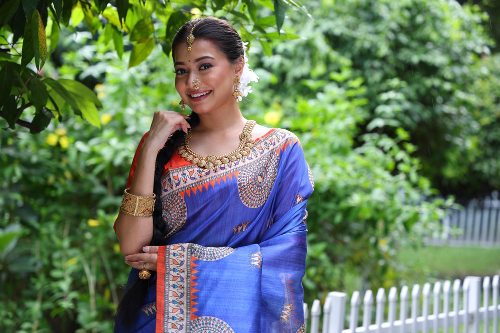 Blue Pure Soft Tussar Silk with Kalamkari Print Tussar Saree Tussar Saree Anant Tex Exports Pvt.Ltd..