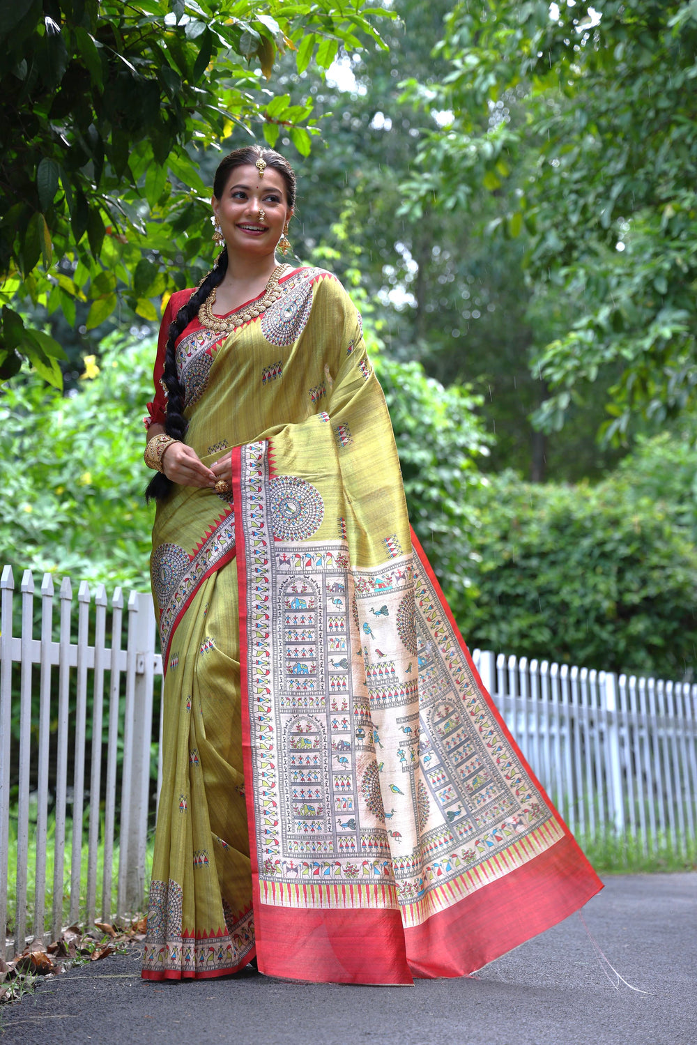 Mahendi Pure Tussar Silk Kalamkari Print Tussar Saree